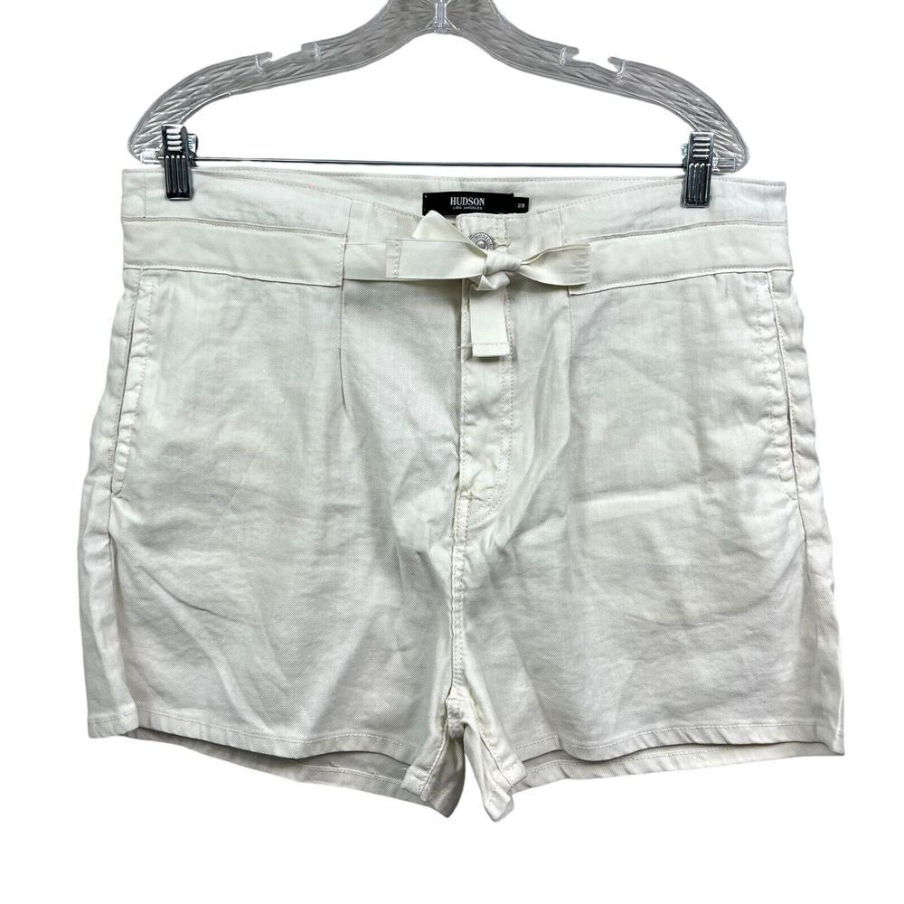 Hudson Womens Linen Blend Shorts Paperbag Tie Waist Pockets Cream Size 28*